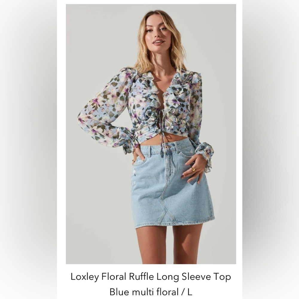 ASTR Floral Ruffle Long Sleeve Top - Blue Multi